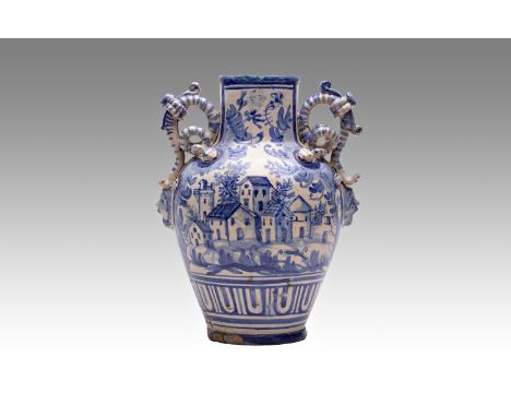 Vase, Savona, Italy | height: 26.5 cm | glazed majolica decorated with castella blue monochrome, scales and date 1749. Jug wi