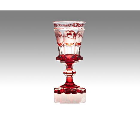 Biedermeier Goblet, Czechoslovakia | height: 20 cm | clear glass, cut, ruby ​​glaze, engravings with hunting motifs in six le