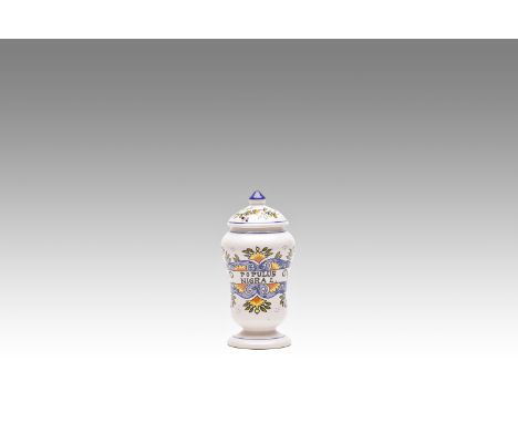 Albarello, De Saint Clement, France | height: 15 cm | glazed earthenware, painted in the colors of the great fire, the name P