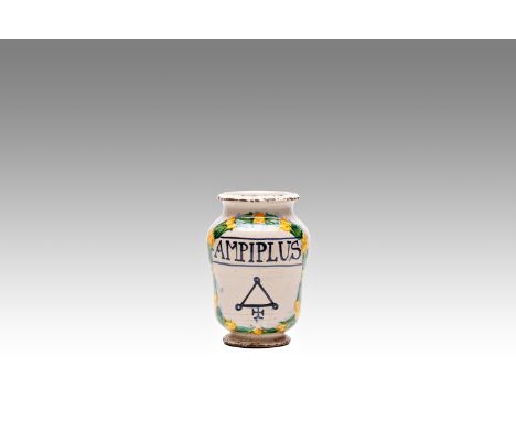 Albarello AMPIPLUS, Casteldurante, Italy | height: 15 cm | glazed earthenware, painting in the colors of a great fire, on the