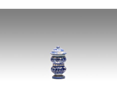 Albarello, Liguria, Italy | height: 14 cm | Glazed earthenware, cobalt painting, title of content PIL written in manganese on