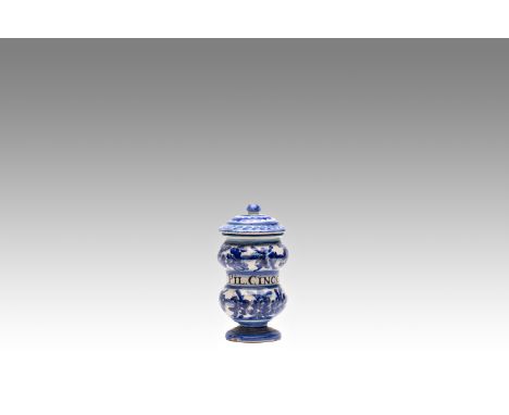 Albarello, Liguria, Italy | height: 14 cm | Glazed earthenware, cobalt painting, title of content PIL written in manganese on