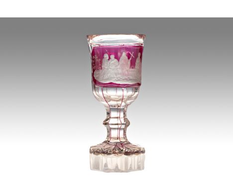 Biedermeier Goblet, Czechoslovakia | height: 21 cm | clear glass, cut, ruby ​​glaze, engraving with a religious scene | aroun