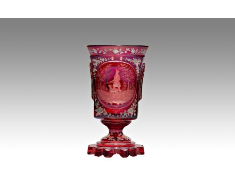 Biedermeier Goblet, Czechoslovakia | height: 15 cm | clear glass, cut, ruby ​​glaze, hunter engraving, silver painting, rear 