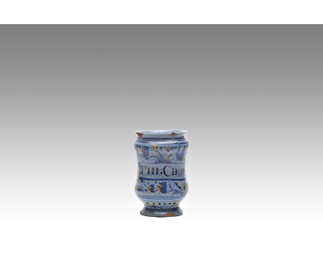 Albarello, Venice, Italy | height: 13.5 cm | Glazed earthenware, cobalt painting, title of contents written in manganese on b