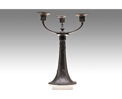 Three-armed Art Nouveau candlestick, J. P. Kayser &amp; Sohn | height: 33 cm | patinated pewter | around 1900 |