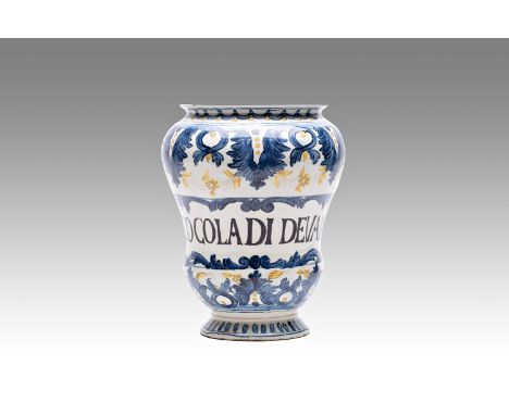 Albarello, Delft, Holland | height: 24.5 cm | glazed earthenware, colorfully painted with cobalt and the colors of great fire