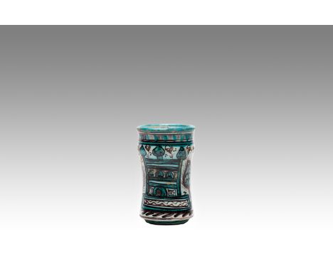 Albarello, Toledo, Spain | height: 15 cm | glazed earthenware, copper and manganese oxide painting, stylized architecture pai