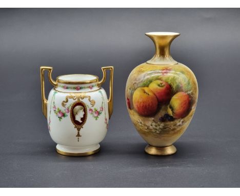 A small Royal Worcester fruit painted vase,&nbsp;circa 1928, painted by Ricketts, 12.5cm high; together with a small Mintons 