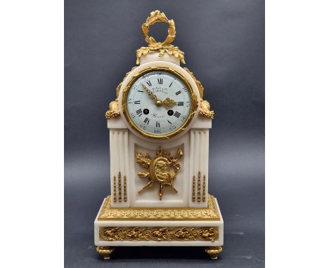 A good 19th century French white marble and gilt bronze mantel clock,&nbsp;in Louis XVI style, the enamel dial inscribed&nbsp