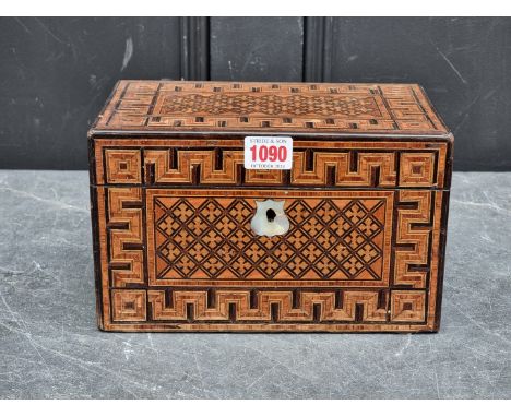 A Victorian parquetry tea caddy, 24.5cm wide.
