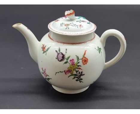 An English porcelain teapot and cover, circa&nbsp;1760, probably Worcester, polychrome painted, 13cm high.
