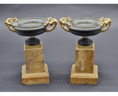 A pair of Grand Tour style bronze and Sienna marble twin handled tazzas,&nbsp;23cm high.