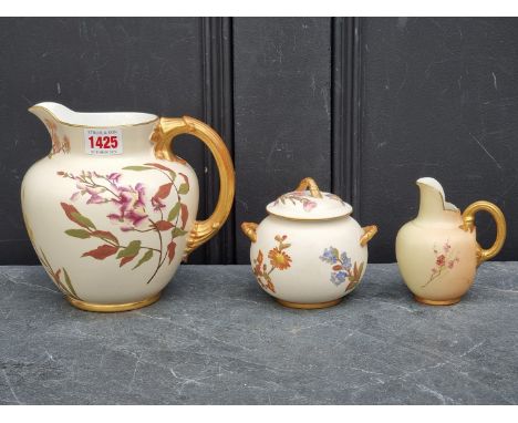 A Victorian Royal Worcester jug,&nbsp;17.5cm high; together with similar jar and cover, (cover restored); and a smaller 'Blus