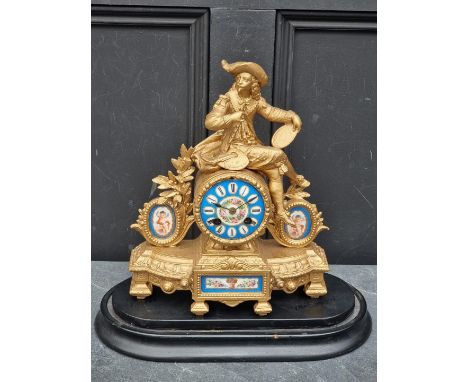 A late 19th century gilt spelter and Sevres style mantel clock,&nbsp;32cm high, (with later battery movement), on ebonized st