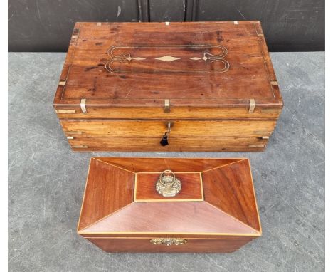 A 19th century teak and brass writing slope,&nbsp;44cm wide; together with a 19th century mahogany and line inlaid sarcophagu