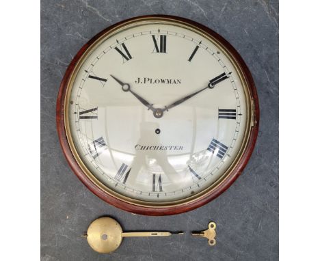 A good 19th century mahogany fusee wall clock,&nbsp;the 12in convex circular dial inscribed 'J. Plowman, Chichester', with pe