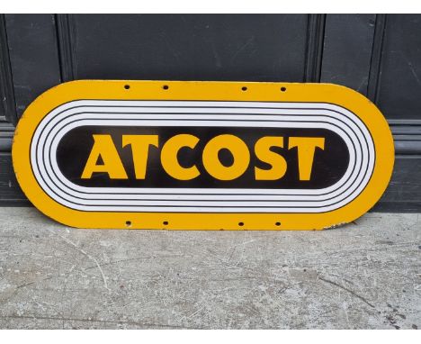 A vintage enamel 'Atcost' sign, 30.5 x 76.5cm.