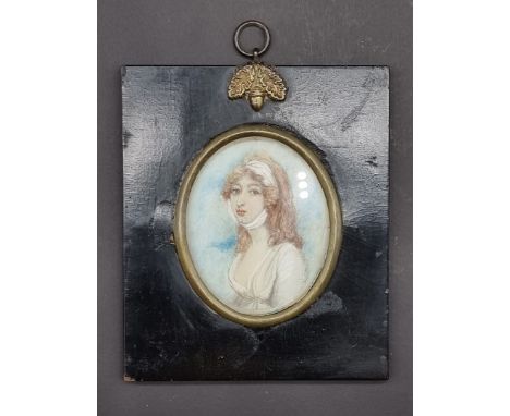 English School,&nbsp;circa 1800, bust length portrait miniature of a lady with a white headband, on ivory, 7.3 x 5.8cm oval. 