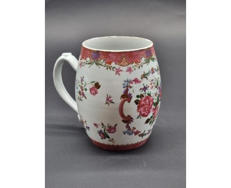 A large Chinese famille rose barrel form mug or tankard,&nbsp;late 18th century, 15.5cm high.