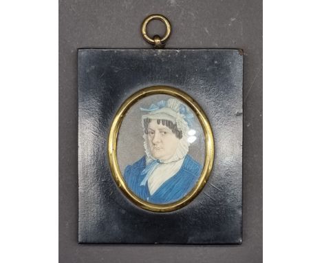 English School,&nbsp;19th century, head and shoulders portrait miniature of a lady wearing a bonnet, on ivory, inscribed vers