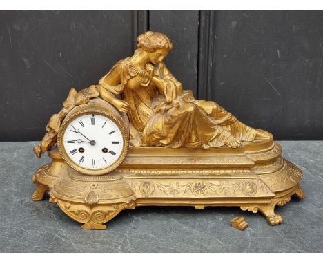 A late 19th century gilt spelter mantel clock,&nbsp;47.5cm wide, lacking pendulum.