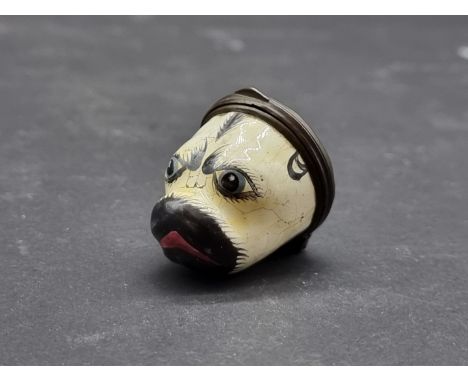 A scarce 18th century Bilston enamel pug bonbonniere,&nbsp;3.5cm long.