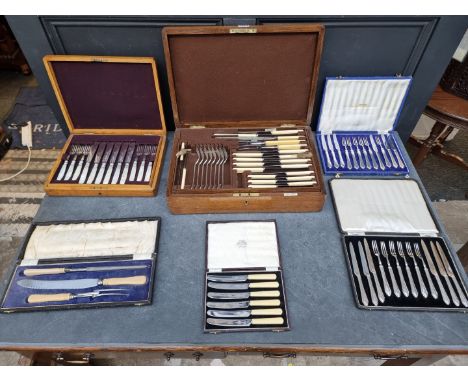 A collection of cased electroplated cutlery,&nbsp;to include an oak cased set of twelve pairs of mother-of-pearl handled fish