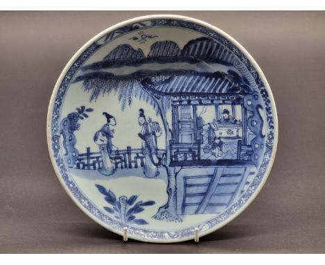 A Chinese blue and white dish,&nbsp;Kangxi, marked to base, 22cm diameter.