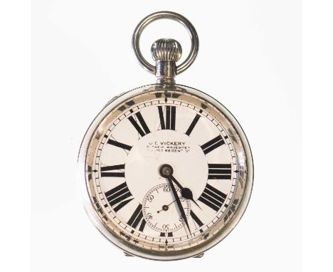 AN OPEN FACE POCKET WATCH WITH CASE/STAND the circular white enamel dial signed J Vickery Regent St. with black Arabic index,