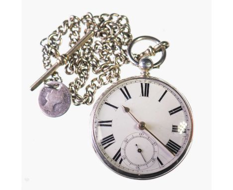 A SILVER OPEN FACED POCKET WATCH WITH AN ALBERT CHAIN the circular white enamel dial with black Roman index and outer minute 