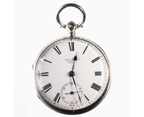 A SILVER OPEN FACED POCKET WATCH the circular white enamel dial signed M McCallum Barhead 8998 with black Roman index, outer 