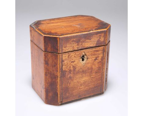A GEORGE III SATINWOOD TEA CADDY of canted rectangular form, the hinged cover with kingwood band. 12cm wideSigns of paint spl