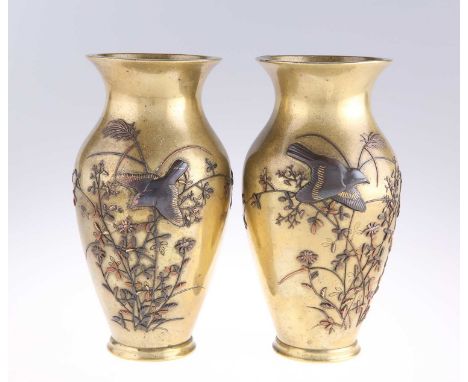 A PAIR OF JAPANESE BRONZE VASES, MEIJI PERIOD each with applied decoration of a bird and insects amidst foliage. (2) 19cm hig