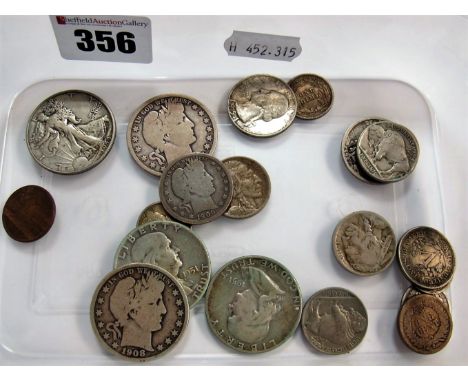 Five Silver Half Dollars, as part of a collection of twenty-one circulated vintage USA coins.