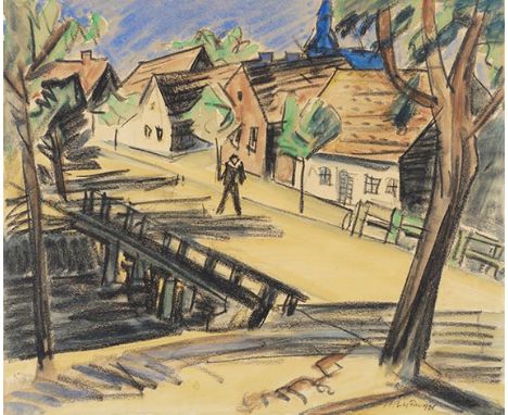 Hermann Max Pechstein    1881 Zwickau - 1955 Berlin Große Mühlengraben-Brücke (Leba). 1921. Gouache, Aquarell, Buntstift und 