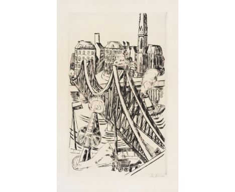Max Beckmann     1884 Leipzig - 1950 New York Grosse Brücke ('Eiserner Steg' in Frankfurt am Main). 1922. Kaltnadelradierung.