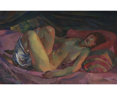 Albert Weisgerber     1878 St. Ingbert - 1915 Fromelles/Ypern Weiblicher Akt auf rotem Divan. 1914. Öl auf Leinwand.  Verso a