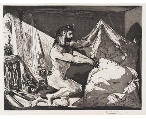 Pablo Picasso     1881 Malaga - 1973 Mougins Faune dévoilant une femme. 1936. Aquatintaradierung.  Signiert. Aus einer Auflag