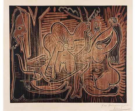 Pablo Picasso     1881 Malaga - 1973 Mougins Le déjeuner sur l'herbe, d'après Manet II. 1962. Farblinolschnitt.  Signiert und