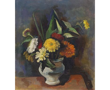 Karl Hofer     1878 Karlsruhe - 1955 Berlin Blumenstrauß in grauer Vase (Zinnien). 1933. Öl auf Leinwand.  Rechts unten monog