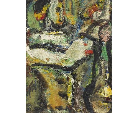 Georges Rouault     1871 Paris - 1958 Paris Pierrot au Bouquet. Um 1947. Öl auf Papier auf Leinwand.  Verso auf der Leinwand 