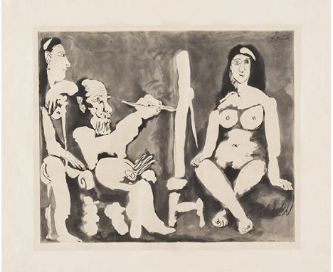 Pablo Picasso     1881 Malaga - 1973 Mougins Le peintre et modèle avec une spectatrice au bandeau. 1963. Aquatintaradierung. 