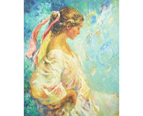 Royo, Jose Mateu San Hilario, 'Entre Azules', an elegant female figure, serigraph, signed in pencil and numbered 120 of 275, 
