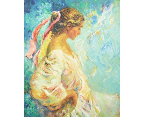 Royo, Jose Mateu San Hilario, 'Entre Azules', an elegant female figure, serigraph, signed in pencil and numbered 120 of 275, 