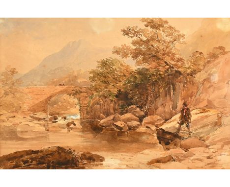 19th Century, a scene of an angler on a large boulder with figures on a stone bridge beyond, watercolour, 9" x 13.5" (23 x 34