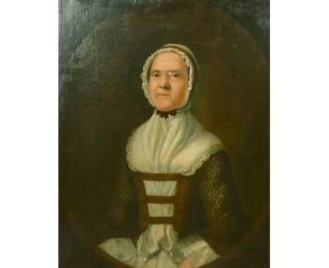 18th Century half-length portrait of a lady in a lace headdress, possibly American, oil on canvas, 30" x 25". (76x63.5cm).