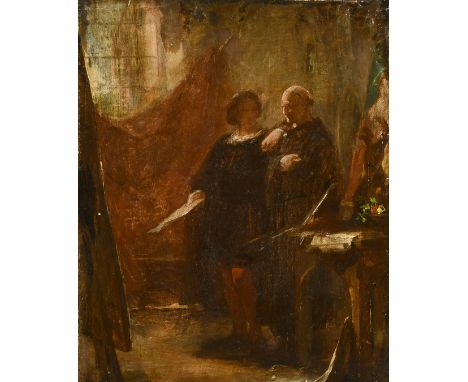 Mid-19th Century Continental School, an artist and his patron regarding a painting on an easel, oil on canvas, 11.75" x 9.75"