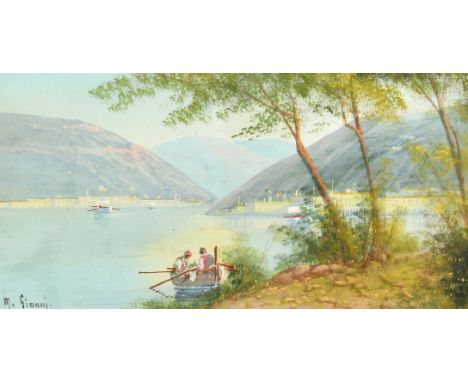 M. Gianni, Early 20th Century, an Italian lake scene with figures in a boat, gouache, signed, 5.75" x 11" (15 x 28cm).