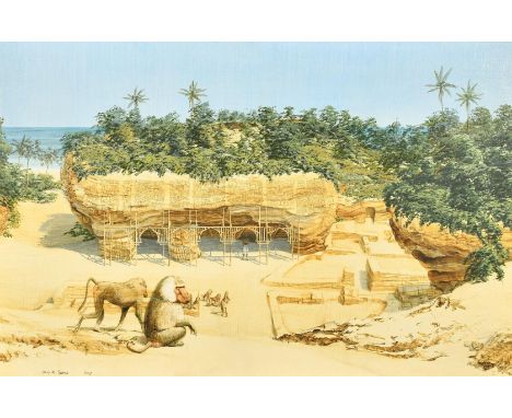 Gary M. James (b. 1941) British, 'Donga', baboons amongst an architectural site by the coast, oil on panel with sgraffito, si